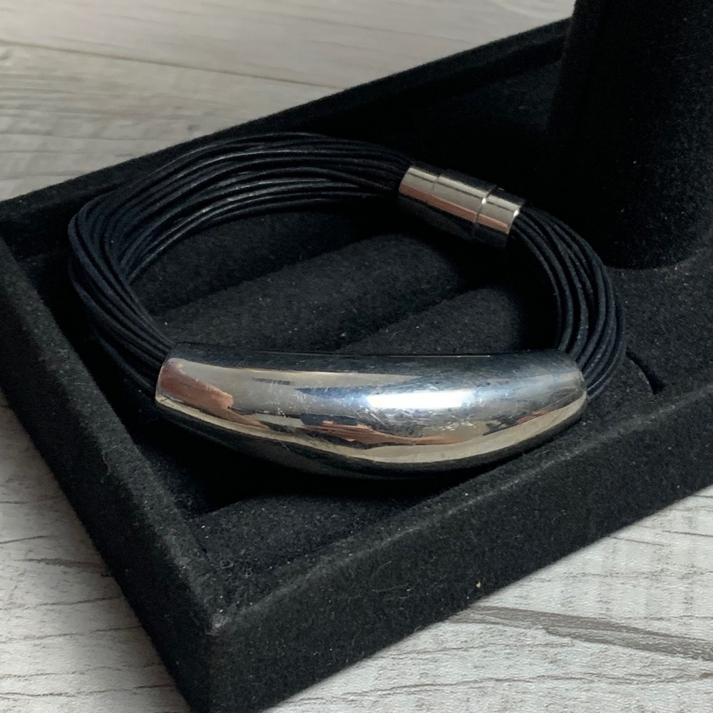 Multi Strand Black Cord Bracelet Silver Tone Curved Tube Magnetic Clasp 7.5 Inch